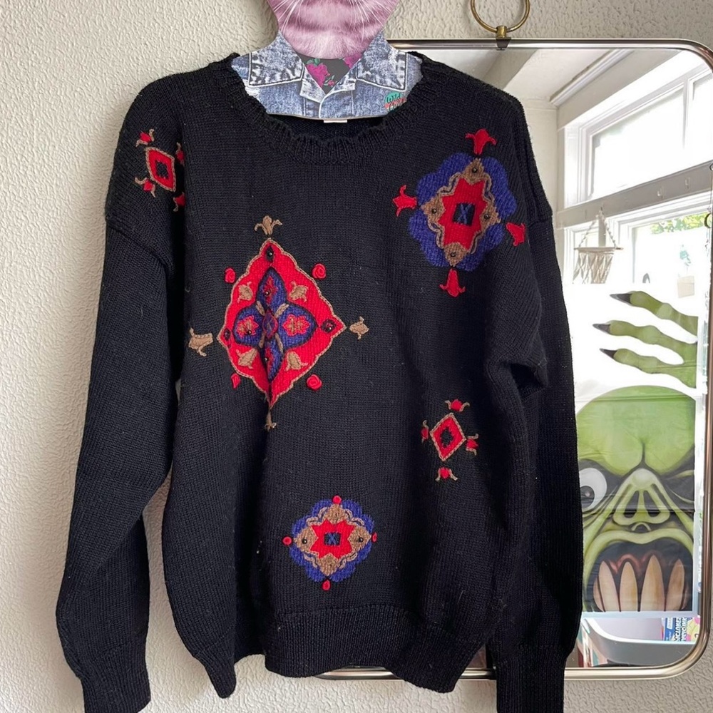 Vintage Koret Black Sweater with Red and Blue Accents
